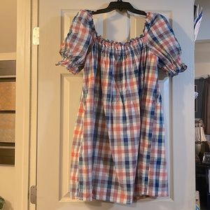 ModCloth Plaid Puff-Sleeve Mini Dress in Blue & Pink